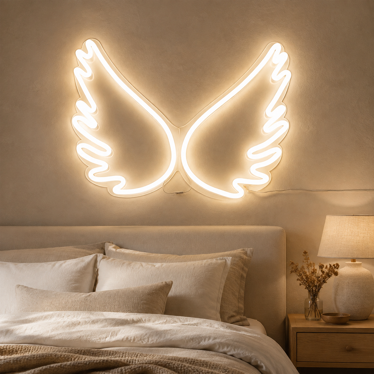 Angel Wings Neon Sign, White Led Wall Art, Heavenly Wing Neon Light For Beauty Salon, Photo Studio, Bedroom Or Wedding Decor