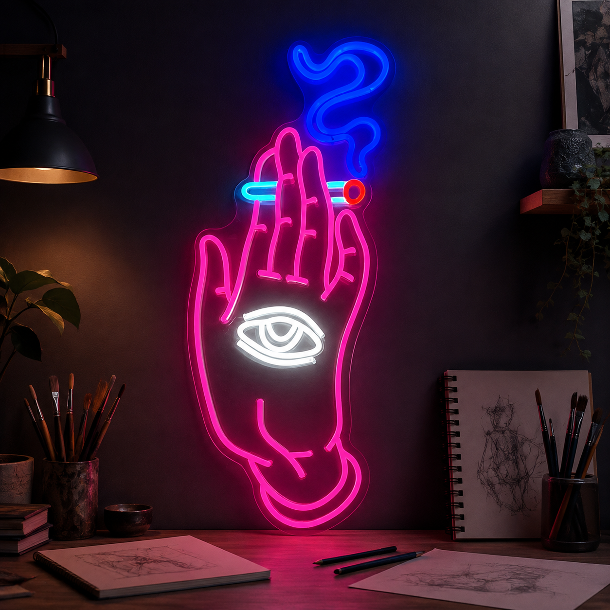 Hand Eye Smoking Neon Sign, Trippy LED Wall Light, Smoke Lounge Decor, Home Bar Sign, Tattoo Art, Alternative Room Gift