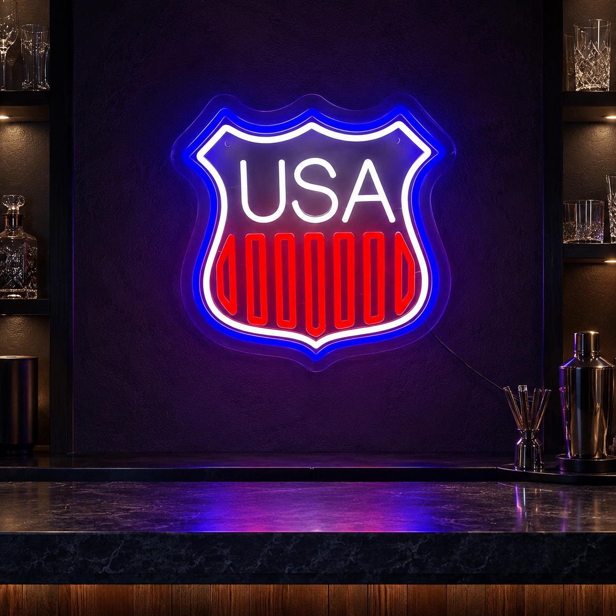 Usa Flag Neon Sign, Custom American Shield Led Light, Patriotic Man Cave Decor, Garage Wall Art, Veteran Gift
