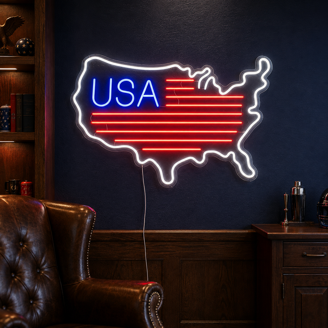 Usa Flag Neon Sign, American Map Led Wall Light, Patriotic Man Cave Decor, Garage Sign, Military Room Art, Veteran Gift