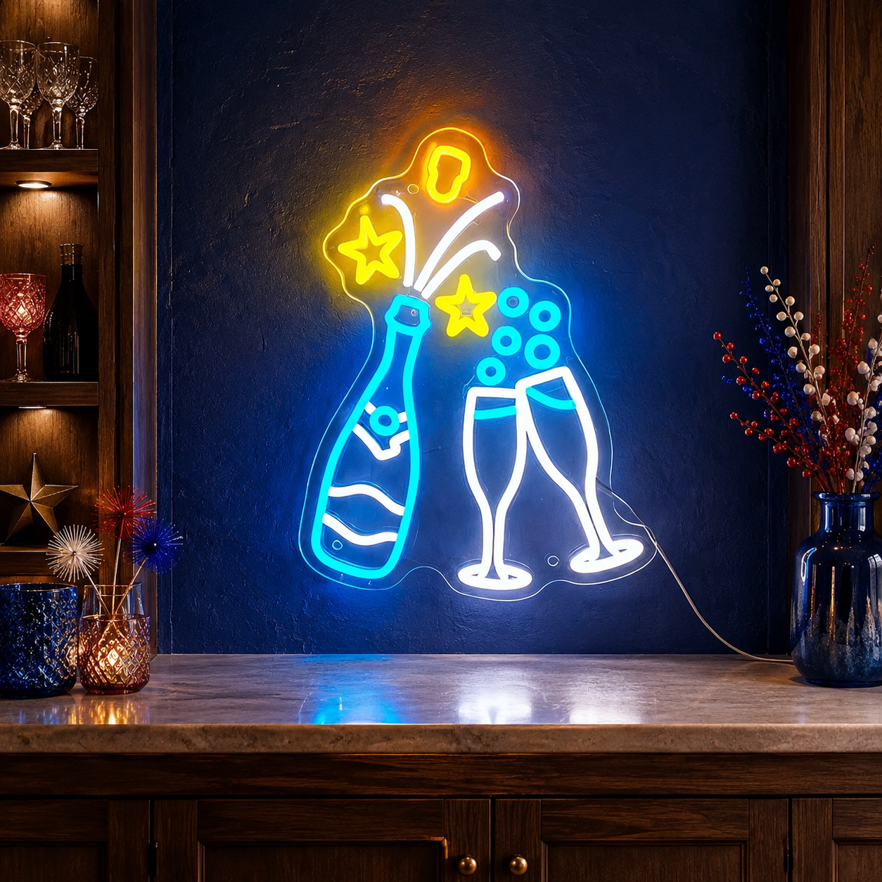 Champagne Neon Light Sign, Bottle And Glasses Led Wall Decor, Home Bar Sign, Wedding Party Light, Bridal Shower Decoration