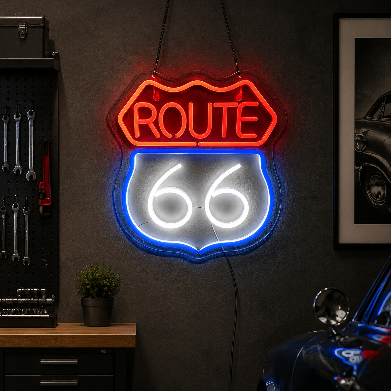 Route 66 Neon Sign, Retro Highway Led Wall Light, Automotive Garage Decor, Man Cave Sign, Road Trip Gift For Car Lovers