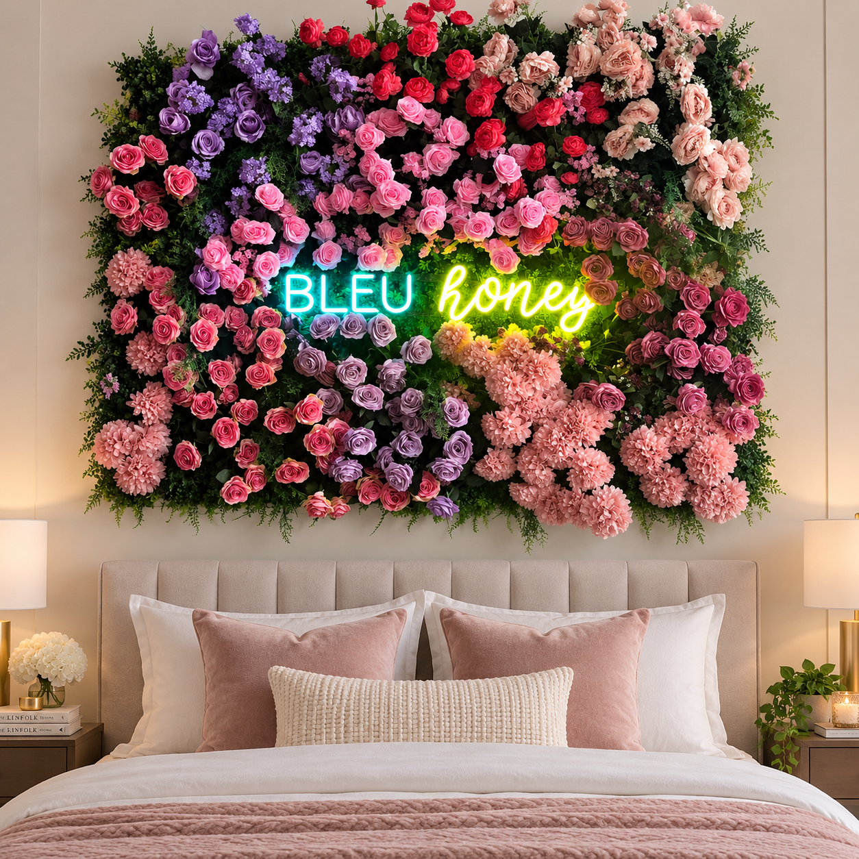 Bleu Honey Neon Sign, Romantic Floral Wall Decor, Custom Name Led Light Sign, Aesthetic Bedroom Vanity Decor, Wedding Backdrop Sign, Girly Room Gift
