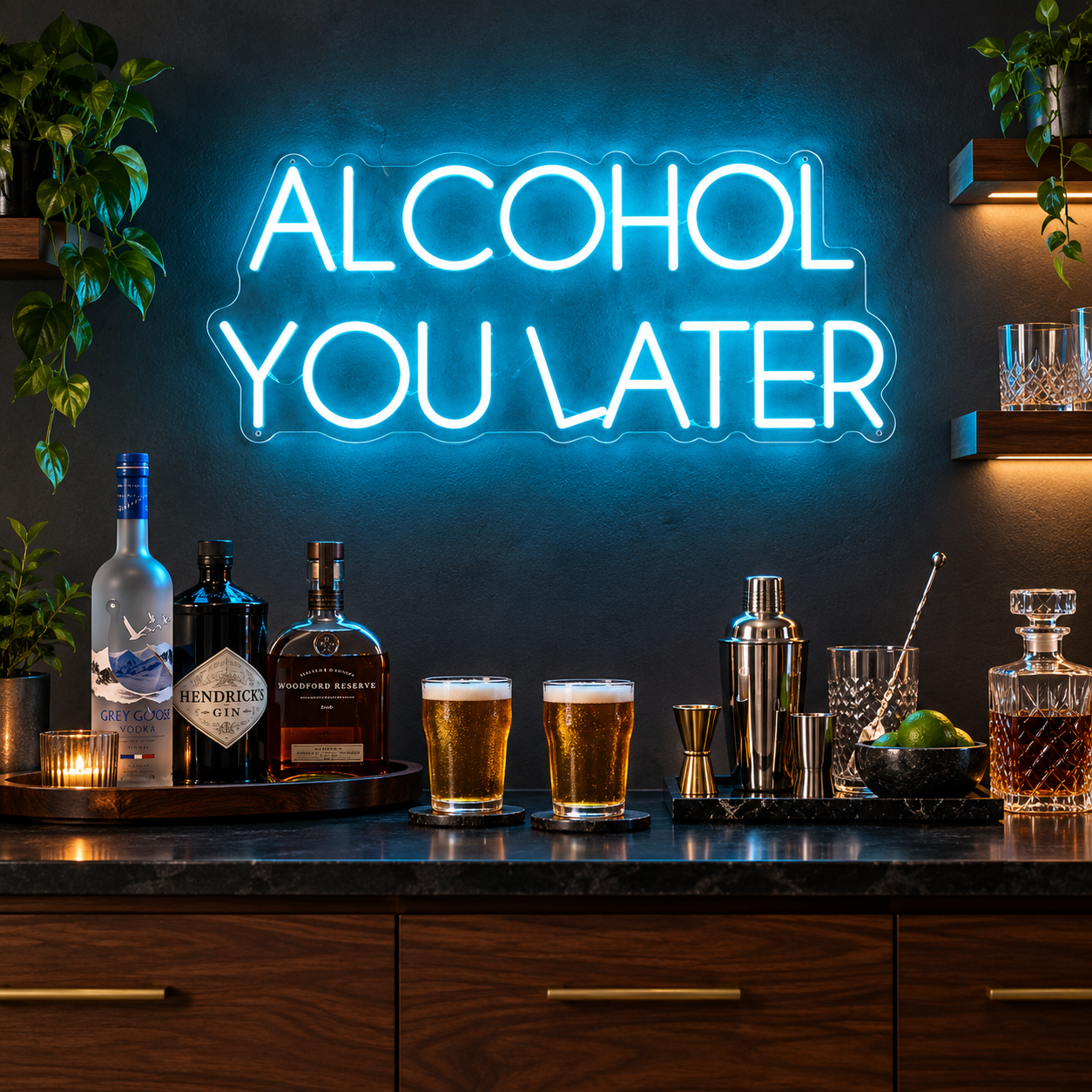 Alcohol You Later Neon Sign, Blue Bar Led Wall Light, Funny Drinking Quote, Home Bar Decor, Man Cave And Cocktail Lover Gift