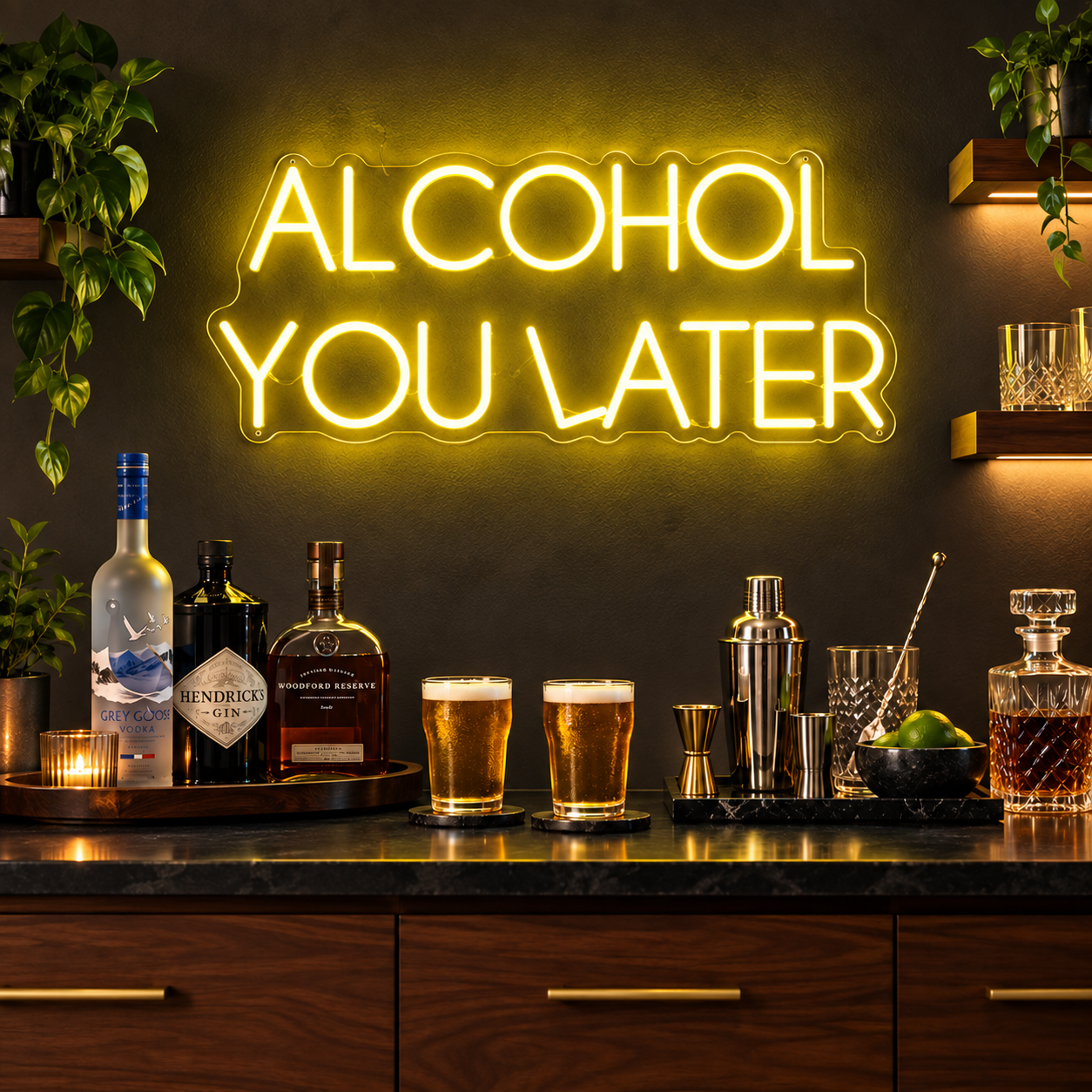 Alcohol You Later Neon Sign, Yellow Bar Led Wall Light, Funny Drinking Quote, Home Bar Decor, Man Cave And Cocktail Lover Gift