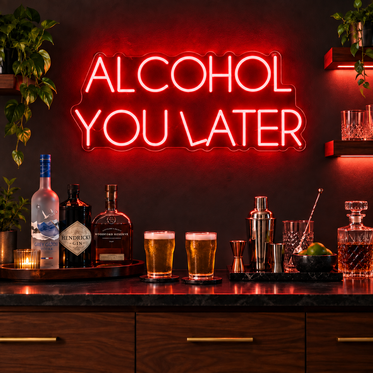 Alcohol You Later Neon Sign, Red Bar Led Wall Light, Funny Drinking Quote, Home Bar Decor, Man Cave And Cocktail Lover Gift