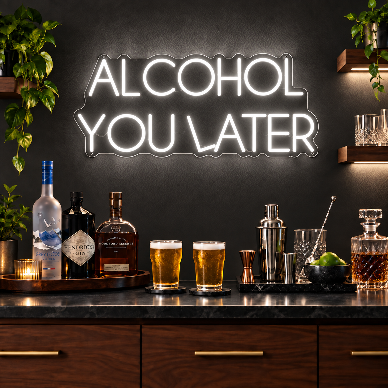 Alcohol You Later Neon Sign, White Bar Led Wall Light, Funny Drinking Quote, Home Bar Decor, Man Cave And Cocktail Lover Gift