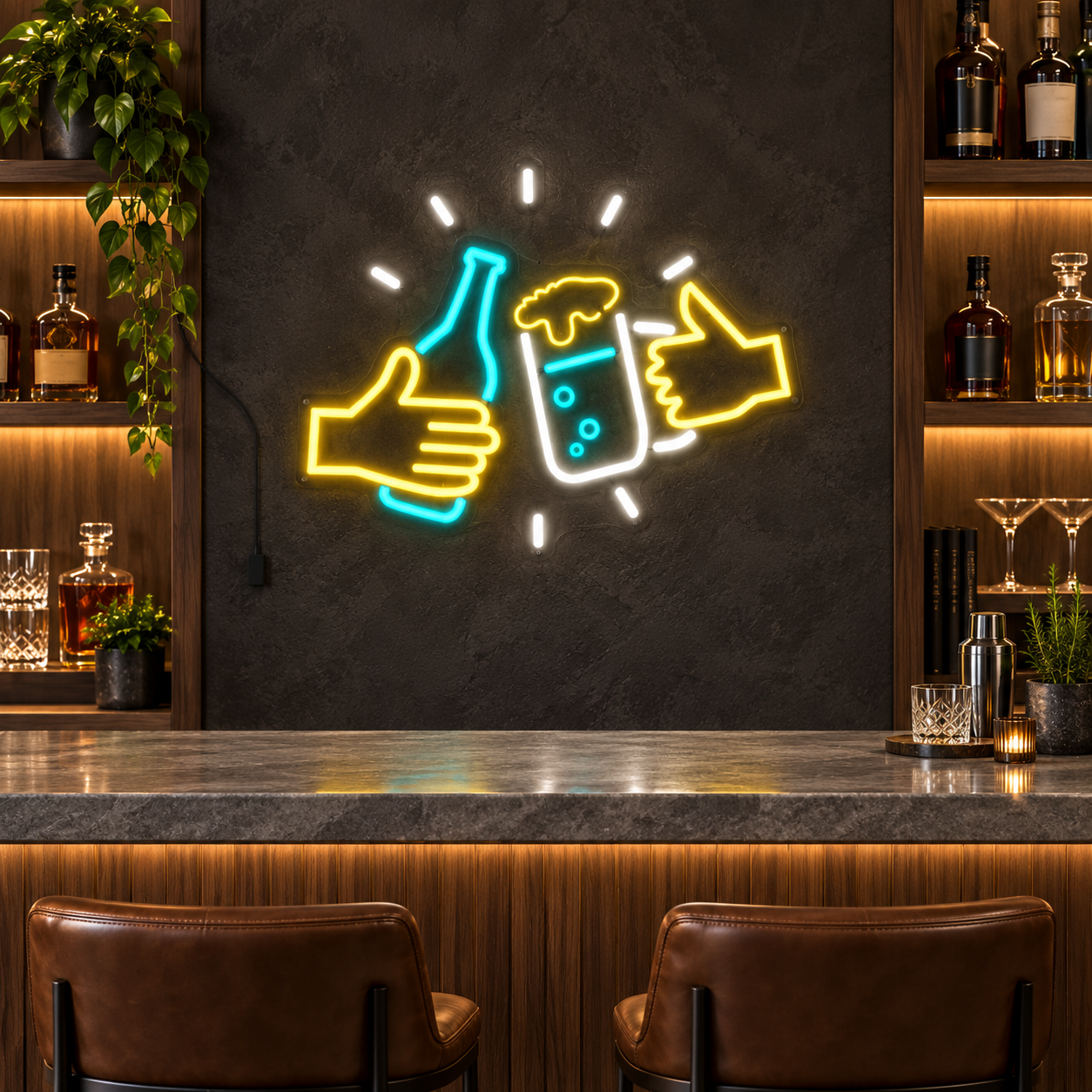 Happy Hour Logo Neon Sign, Bottle And Beer Glass Led Wall Light, Home Cocktail Bar Decor, Pub Man Cave Gift For Bartenders And Beer Lovers