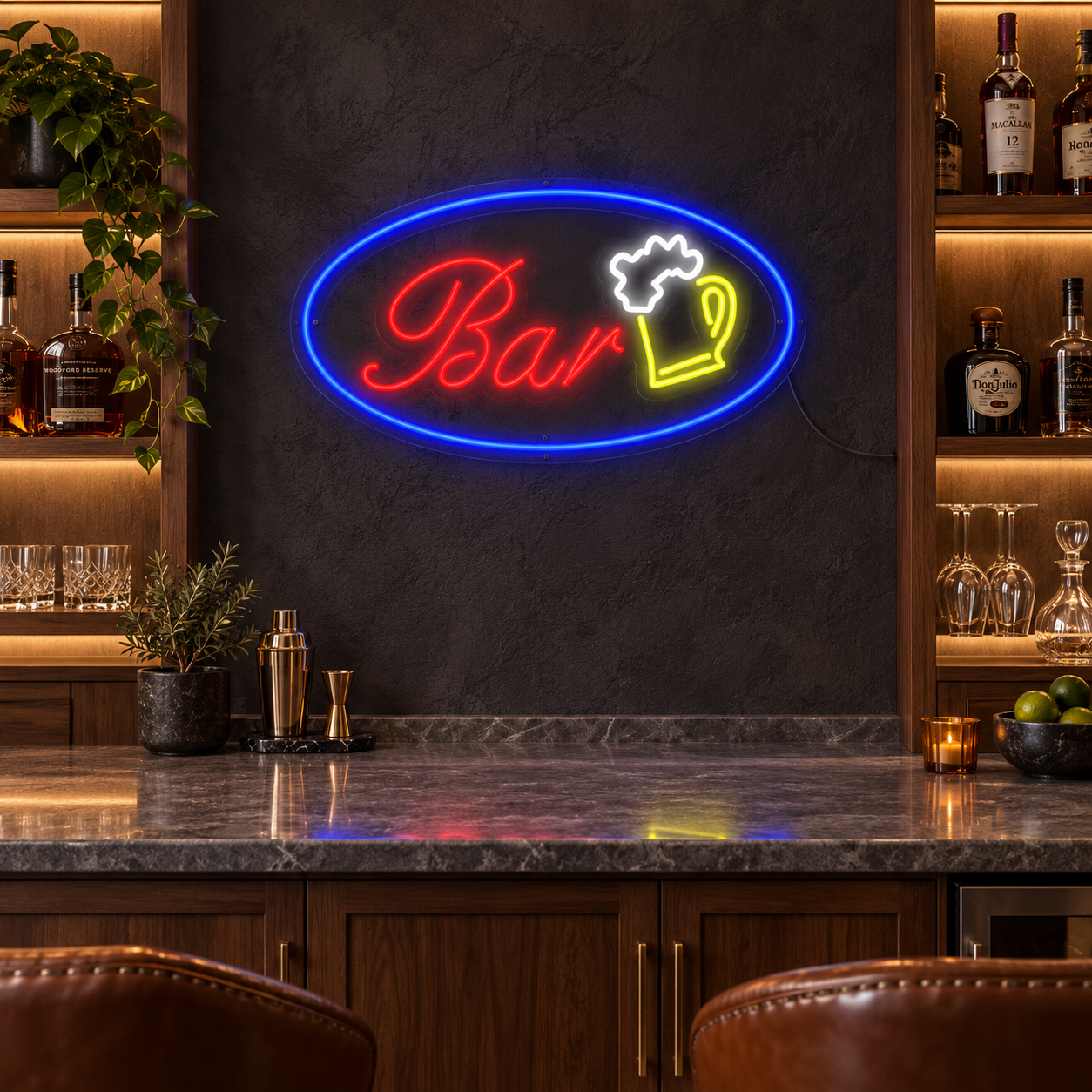 Bar Beer Neon Sign, Lime Beer Mug Led Wall Light, Blue Oval Home Bar Decor, Retro Pub Sign, Gift For Beer Lovers And Bartenders