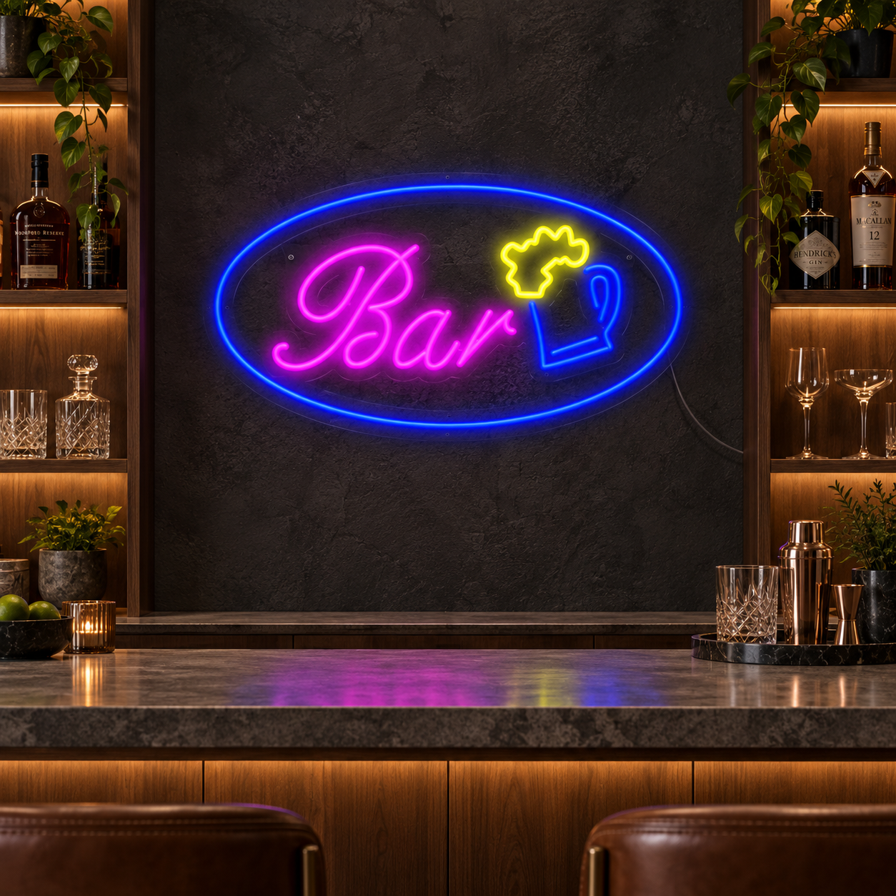 Pink Bar Beer Neon Sign, Blue Beer Mug Led Wall Light, Oval Home Bar Decor, Retro Pub Sign, Birthday Gift For Beer Lovers And Bartenders