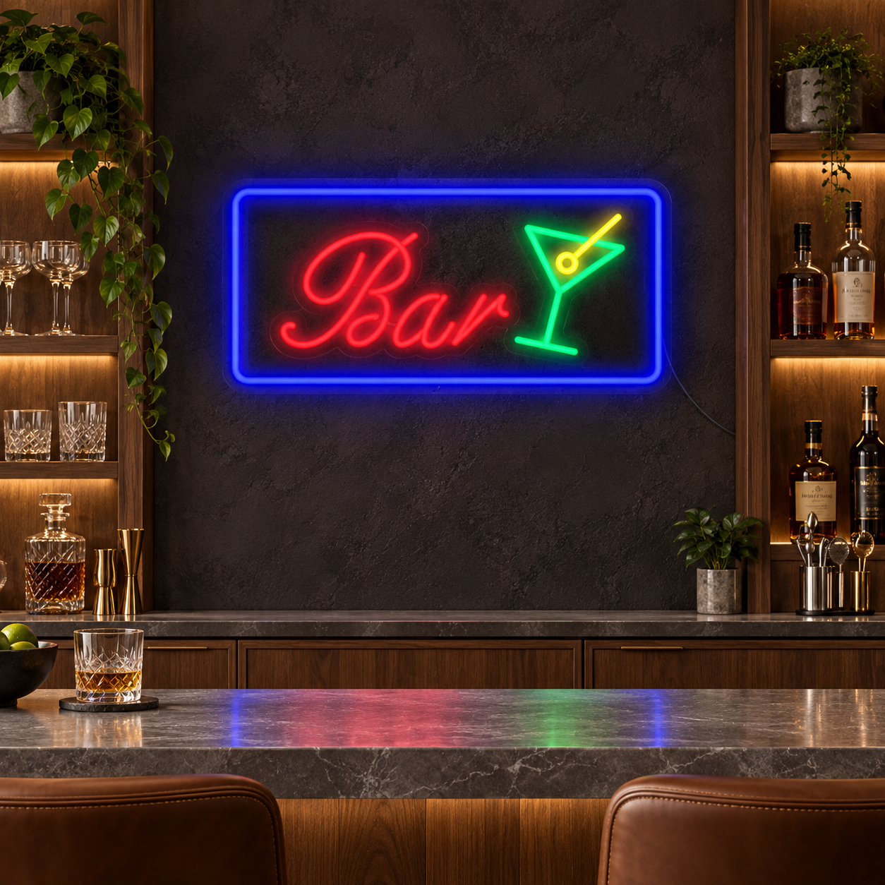 Martini Cocktail Bar Neon Sign, Green Drink Glass Led Wall Light, Blue And Red Home Bar Decor, Retro Lounge Gift For Cocktail Lovers