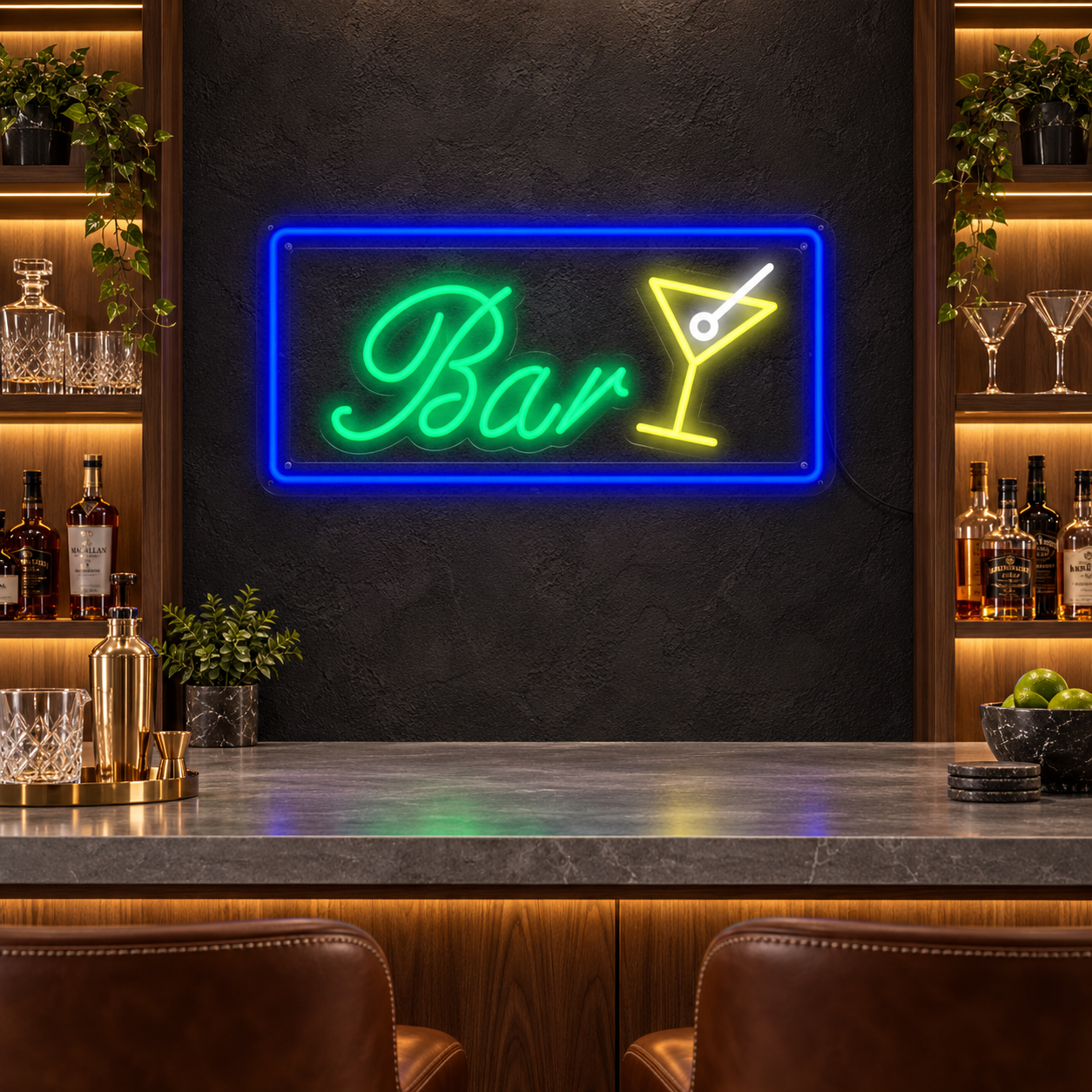 Green Cocktail Bar Neon Sign, Lime Martini Glass Led Wall Light, Blue Home Bar Decor, Retro Lounge Sign, Gift For Cocktail Lovers