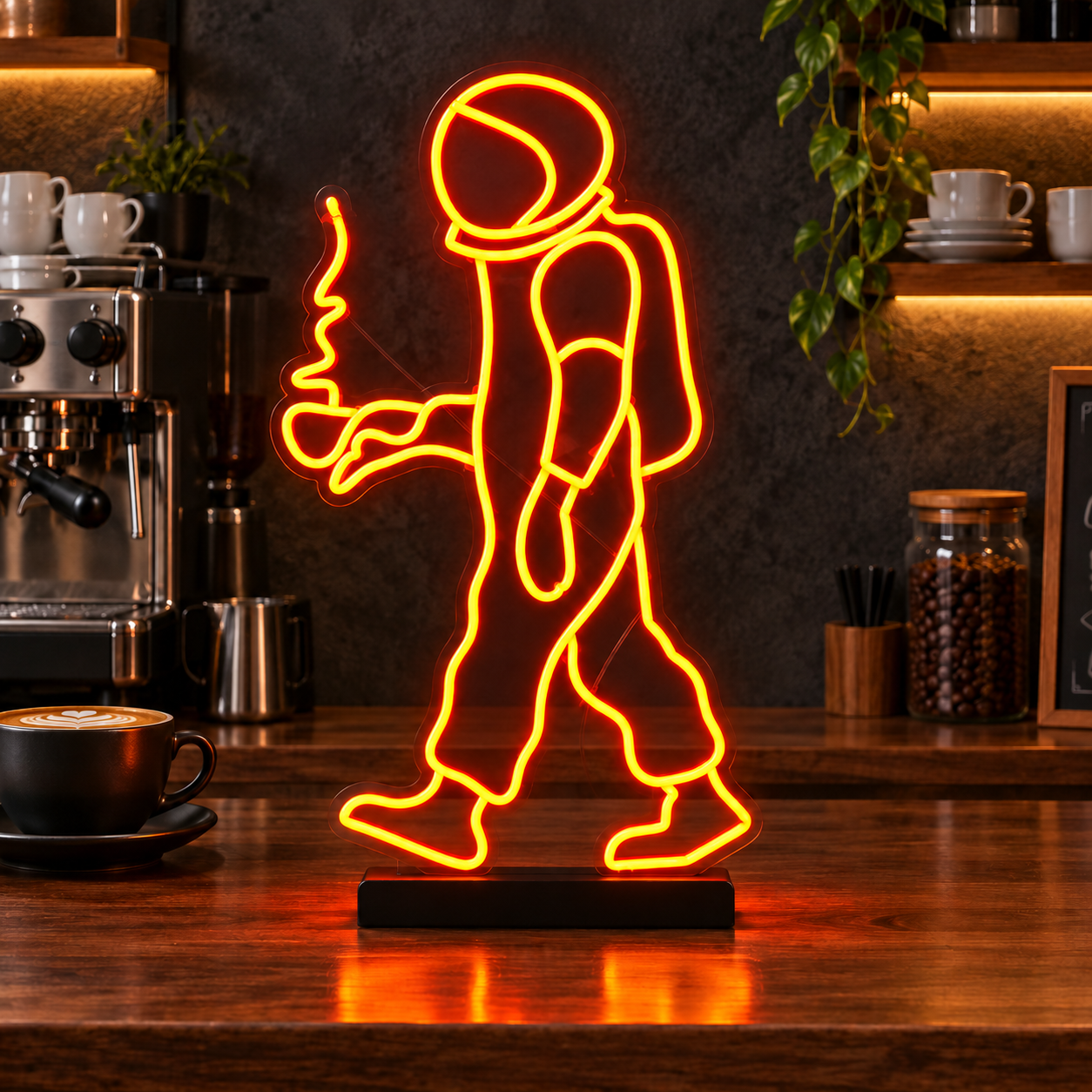 Astronaut Holding Coffee Neon Sign, Space Explorer Led Wall Light, Home Coffee Bar And Gaming Room Decor, Gift For Coffee Lovers And Gamers