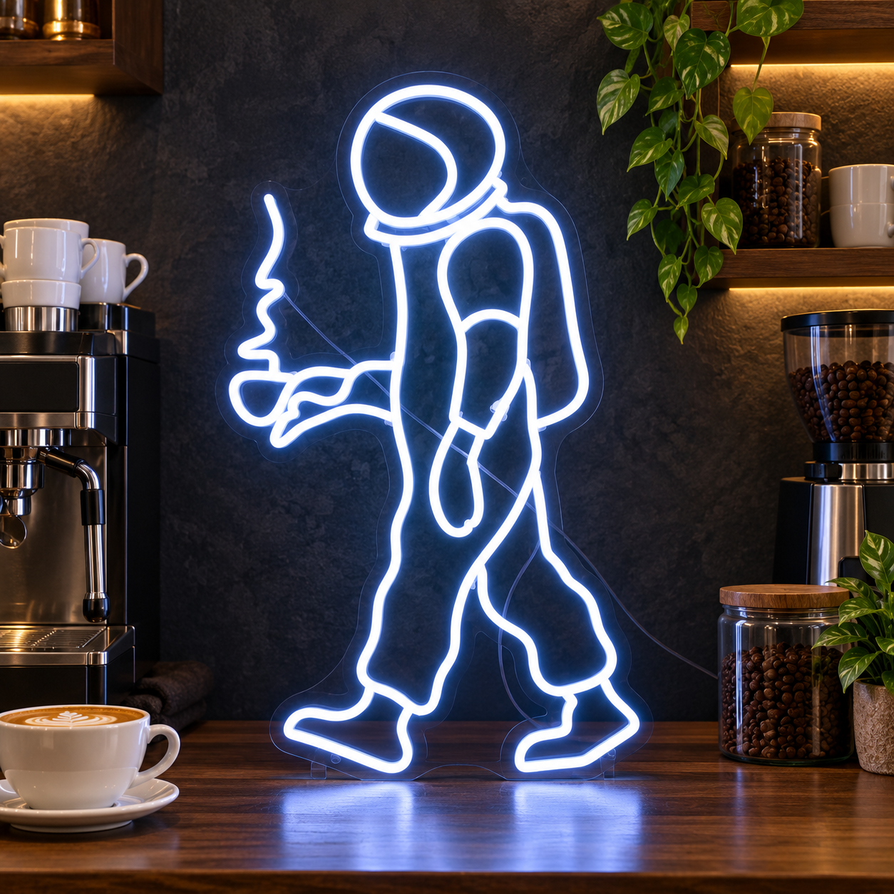 Astronaut Holding Coffee Neon Sign, Space Explorer Led Wall Light, Home Coffee Bar And Gaming Room Decor, Gift For Coffee Lovers And Gamers