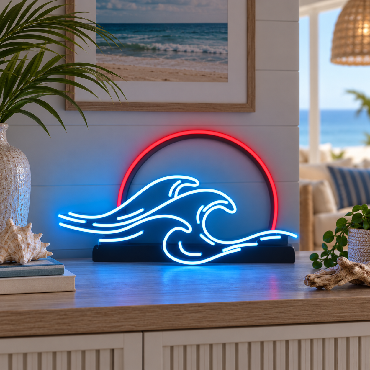 Sunset And Waves Neon Sign Led Light, Ocean Wave Wall Decor, Beach House Neon Lamp, Surf Room Decor, Coastal Bedroom Wall Art, Tropical Home Bar Sign