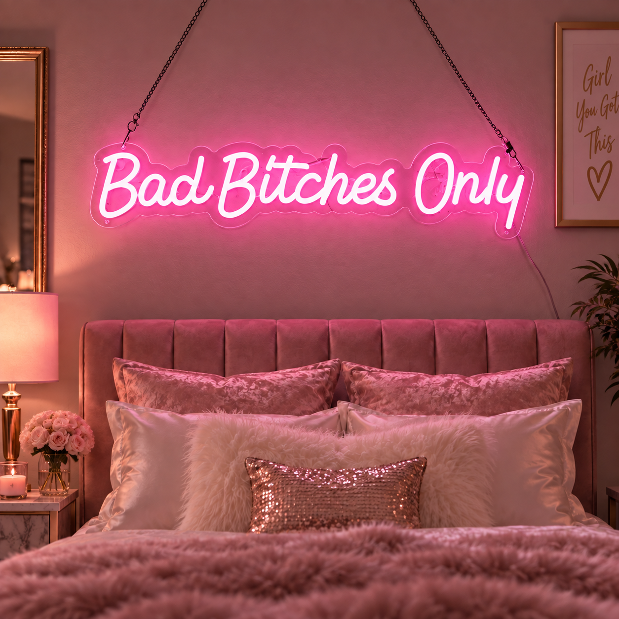 Bad Bitches Only Neon Sign, Deep Pink Led Light Sign For Glam Bedroom Decor, Baddie Room Wall Art, Makeup Room Aesthetic, Girl Gift