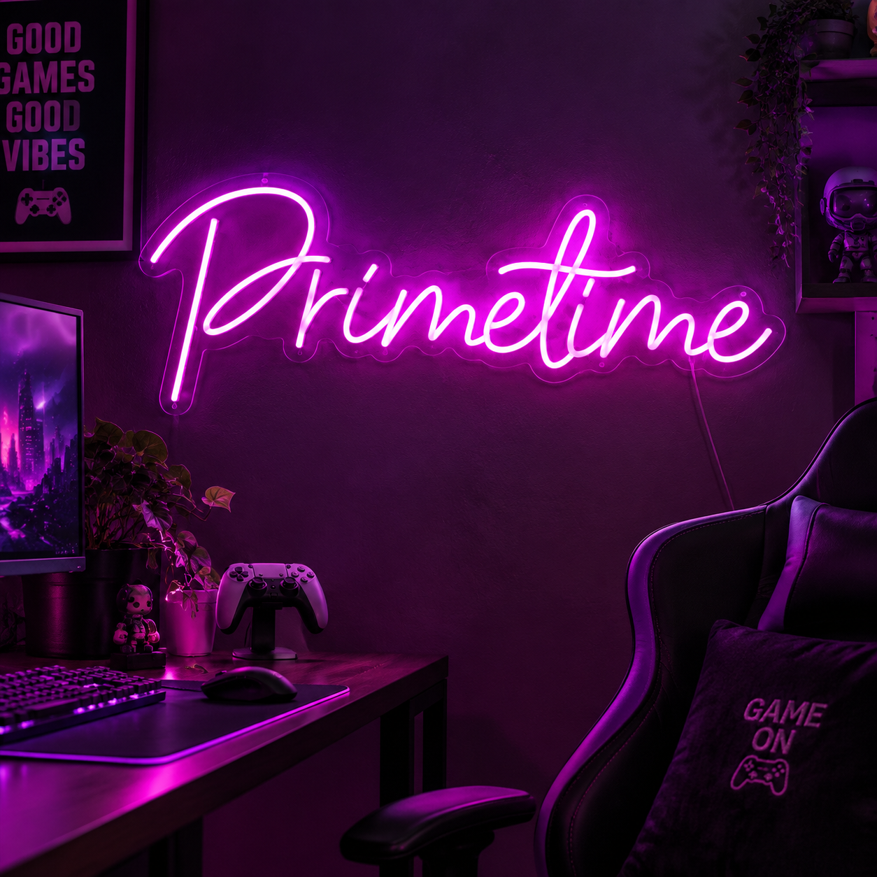 Prime Time Purple Neon Sign, Led Wall Light For Gaming Room Decor, Modern Bedroom Aesthetic, Streaming Setup Neon Sign, Gamer Gift