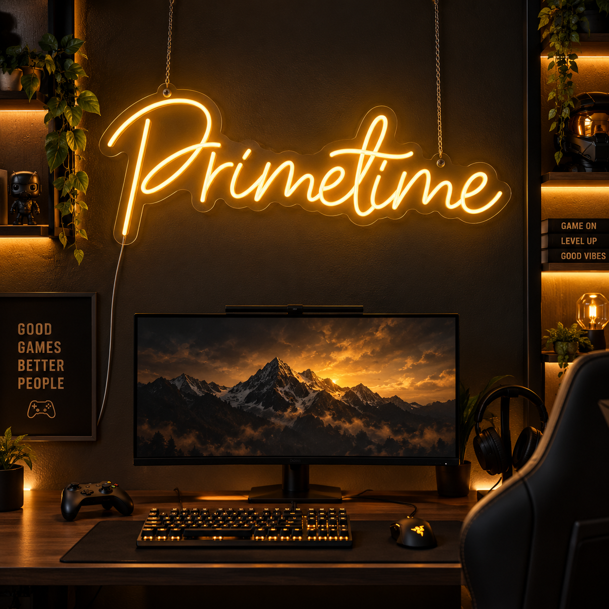 Prime Time Gold Neon Sign, Led Wall Light For Gaming Room Decor, Modern Bedroom Aesthetic, Streaming Setup Neon Sign, Gamer Gift