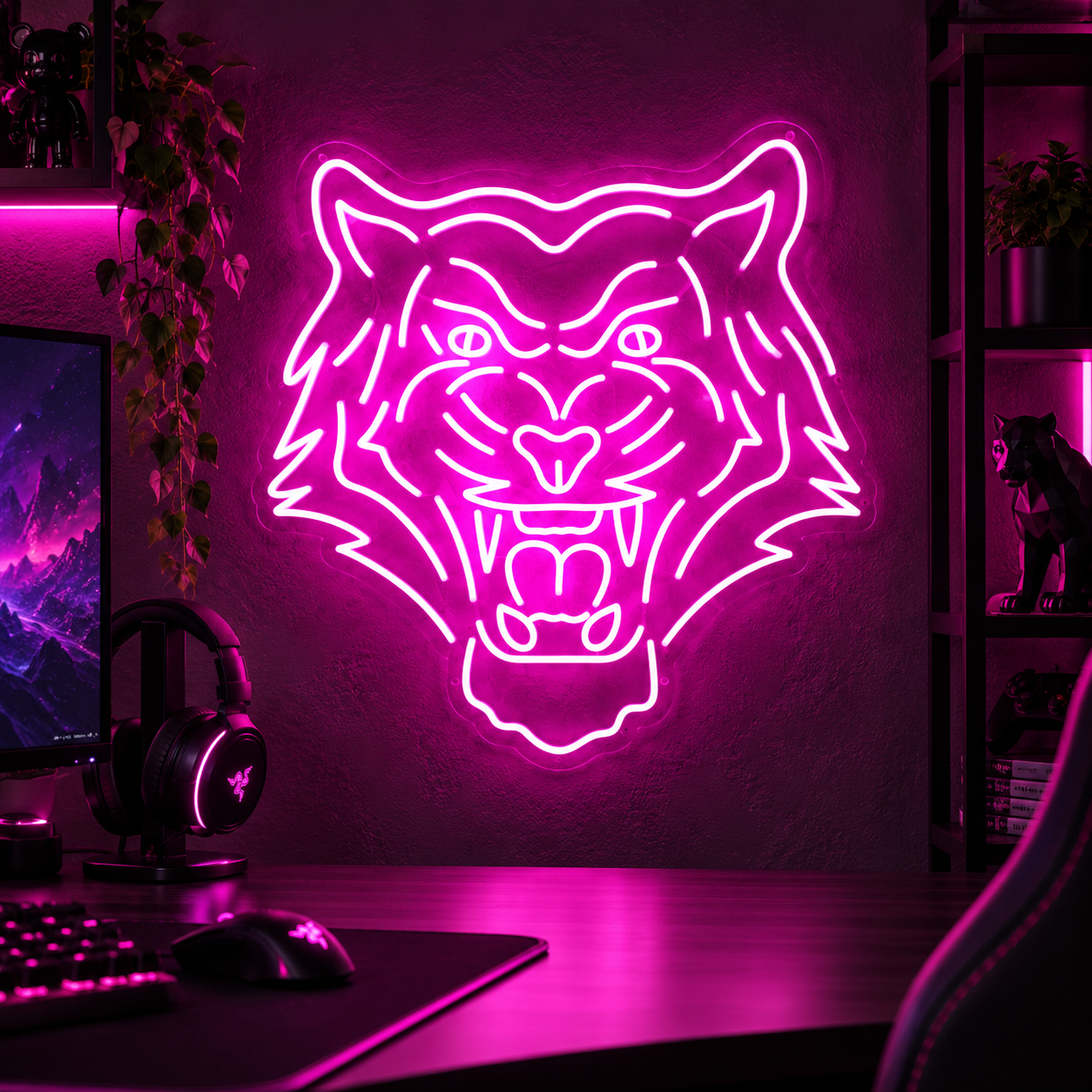 Tiger Head Purple Neon Sign, Led Wall Light For Gaming Room Decor, Streetwear Room Aesthetic, Modern Bedroom Art, Unique Gift