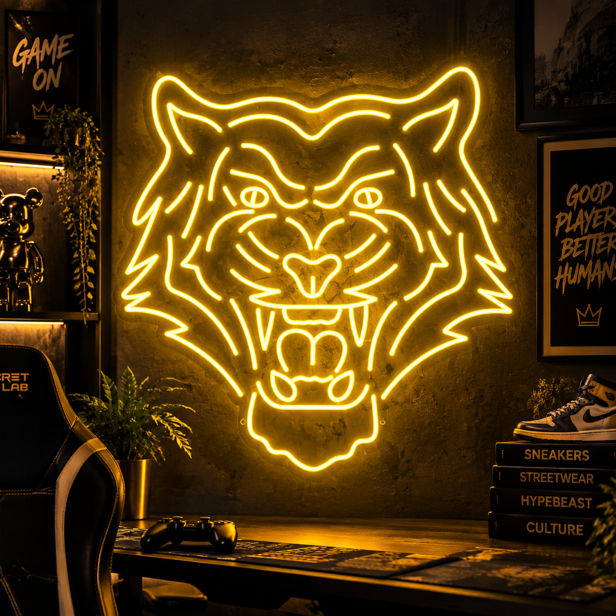 Tiger Head Yellow Neon Sign, Led Wall Light For Gaming Room Decor, Streetwear Room Aesthetic, Modern Bedroom Art, Unique Gift
