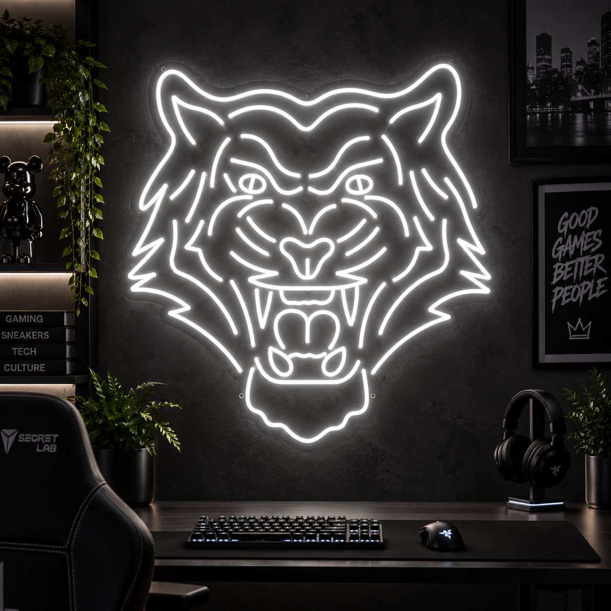 Tiger Head White Neon Sign, Led Wall Light For Gaming Room Decor, Streetwear Room Aesthetic, Modern Bedroom Art, Unique Gift