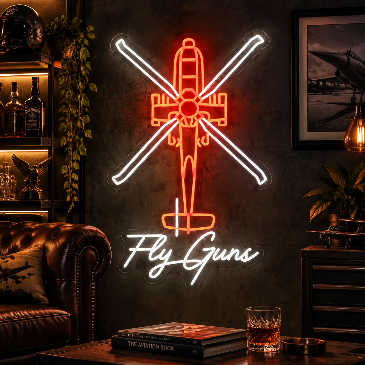 Helicopter Fly Guns Neon Sign, Aviation Led Wall Light Decor, Man Cave Room Aesthetic, Pilot Gift, Garage Lounge & Gaming Room Decor