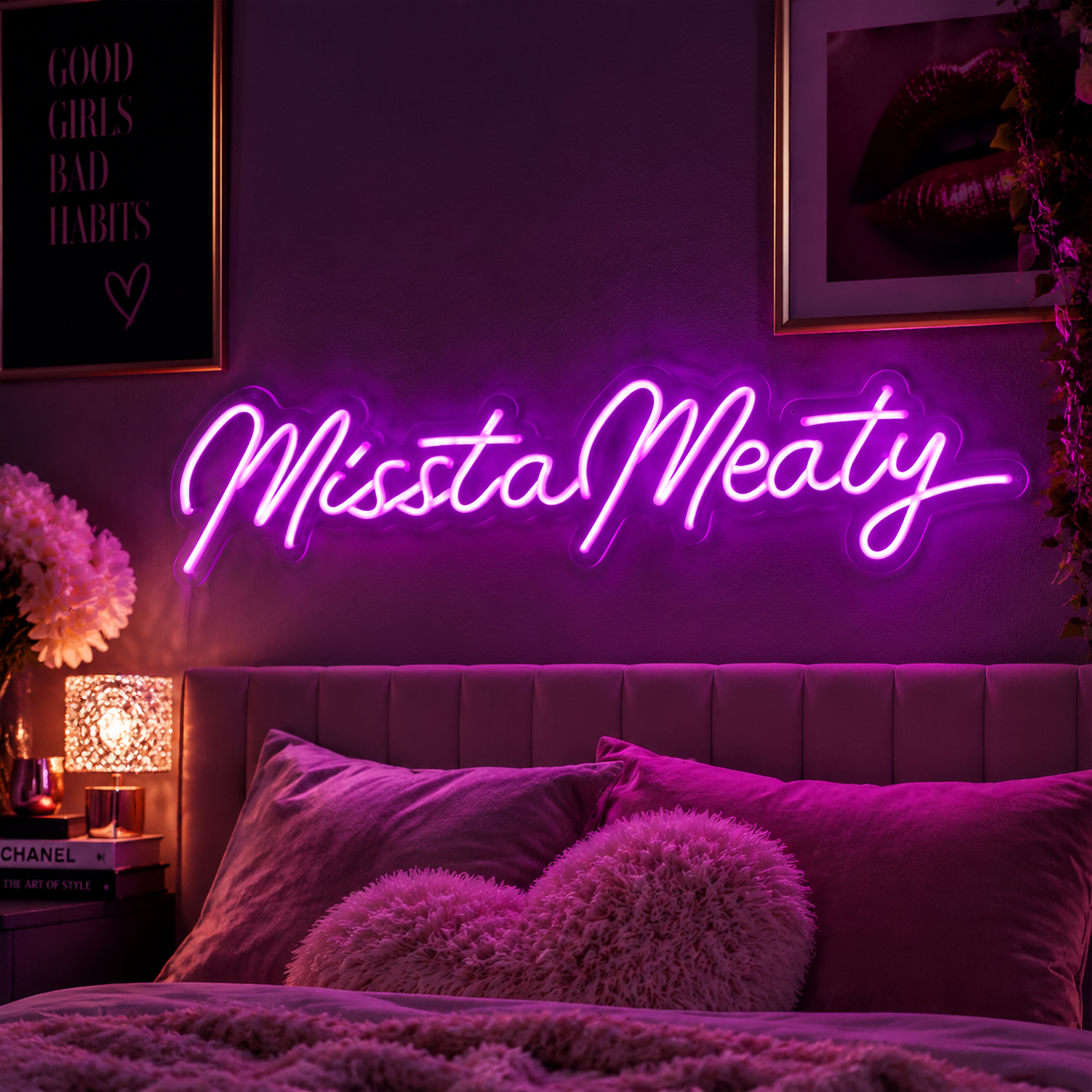 Missta Meaty Neon Sign, Pink Purple Led Wall Light For Glam Bedroom Decor, Vanity Room Aesthetic, Beauty Studio Lighting, Unique Gift
