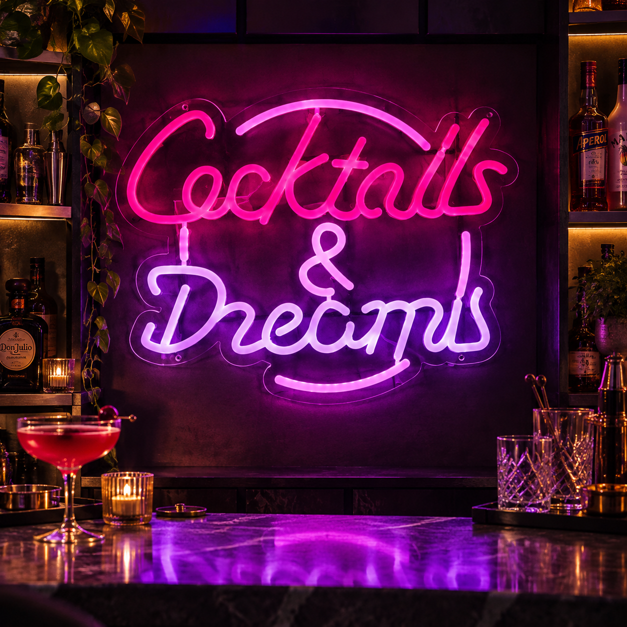 Cocktails And Dreams Neon Sign, Pink Purple LED Wall Light for Home Bar Decor, Cocktail Lounge Aesthetic, Party Room Wall Art, Unique Gift