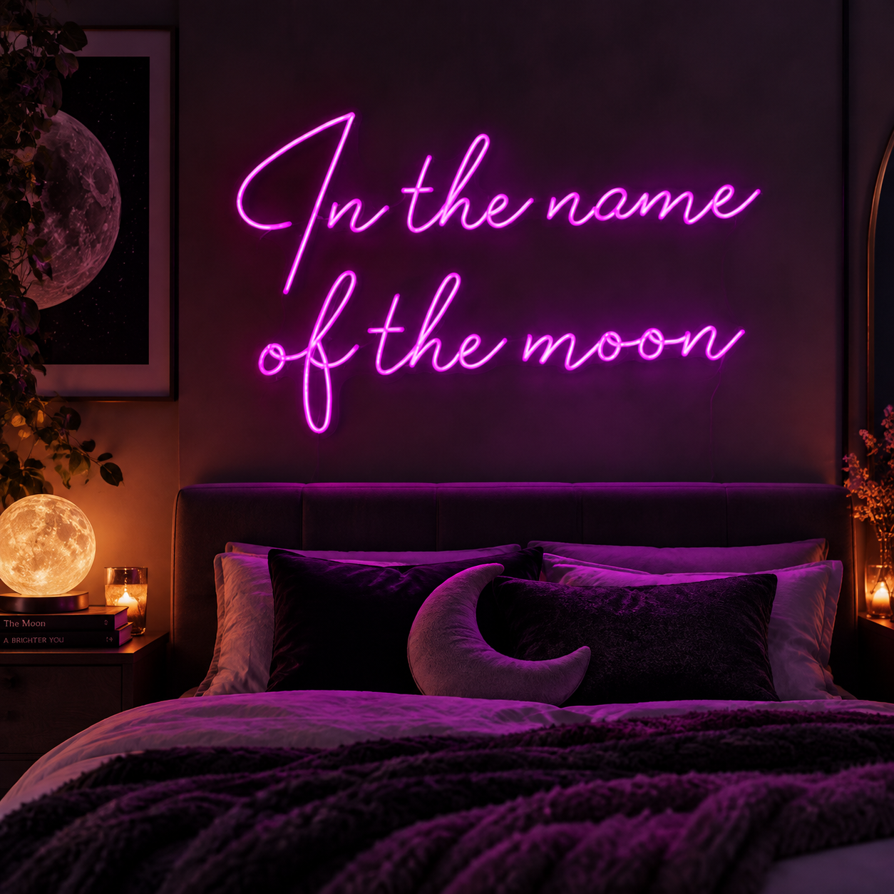 In The Name Of The Moon Neon Sign, Purple Led Wall Light For Bedroom Decor, Moon Aesthetic Room Art, Fantasy Wall Decor, Unique Gift