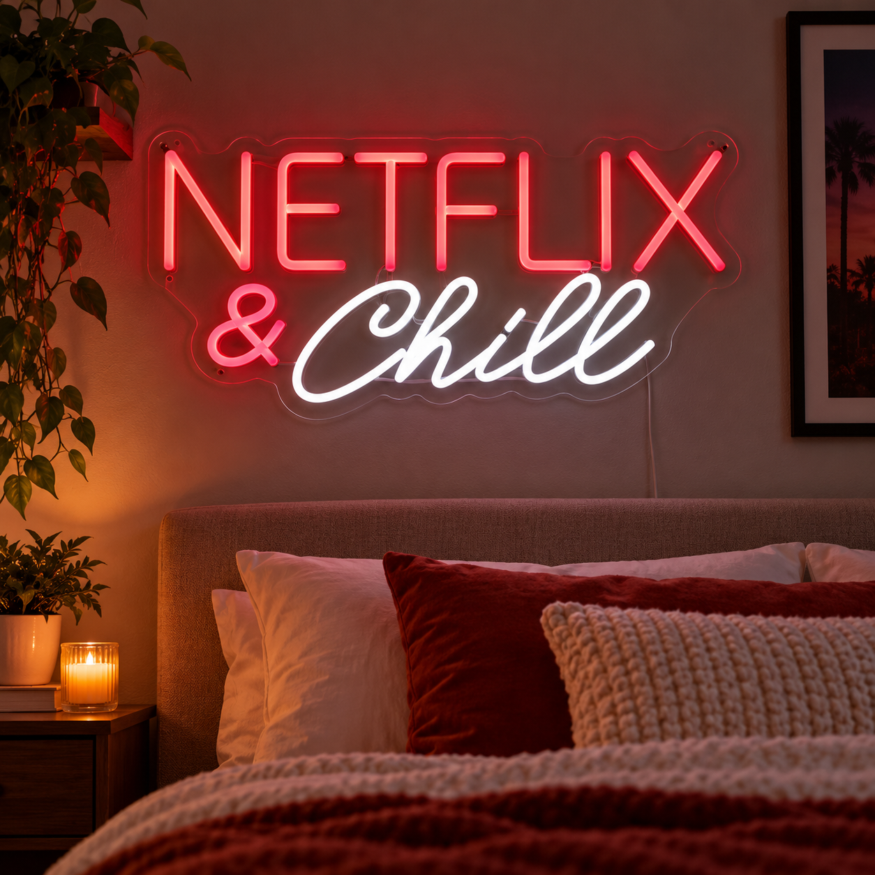 Netflix And Chill Neon Sign, Movie Night Room Decor, Led Neon Light For Bedroom, Home Theater Wall Art, Couples Gift, Cozy Entertainment Room Decoration