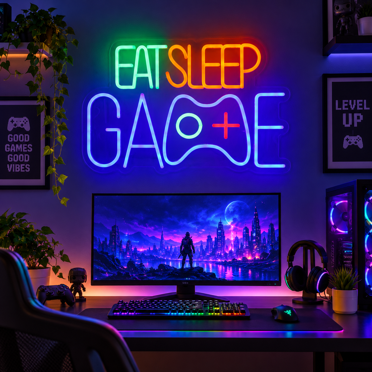Eat Sleep Game Neon Sign, Gaming Room LED Neon Light, Gamer Setup Wall Decor, Video Game Room Decoration, Streamer Room Lighting, Gamer Gift For Him